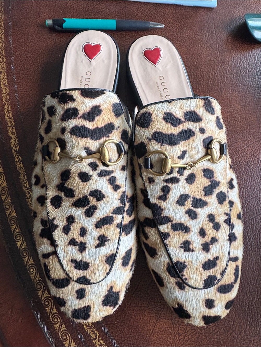 Gucci Leopard Print Horsebit Mules in Tan, Black & Cream